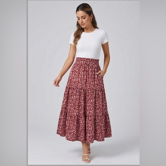 Dresses & Skirts - Red Boho Floral Print Tiered Ruched Skirt